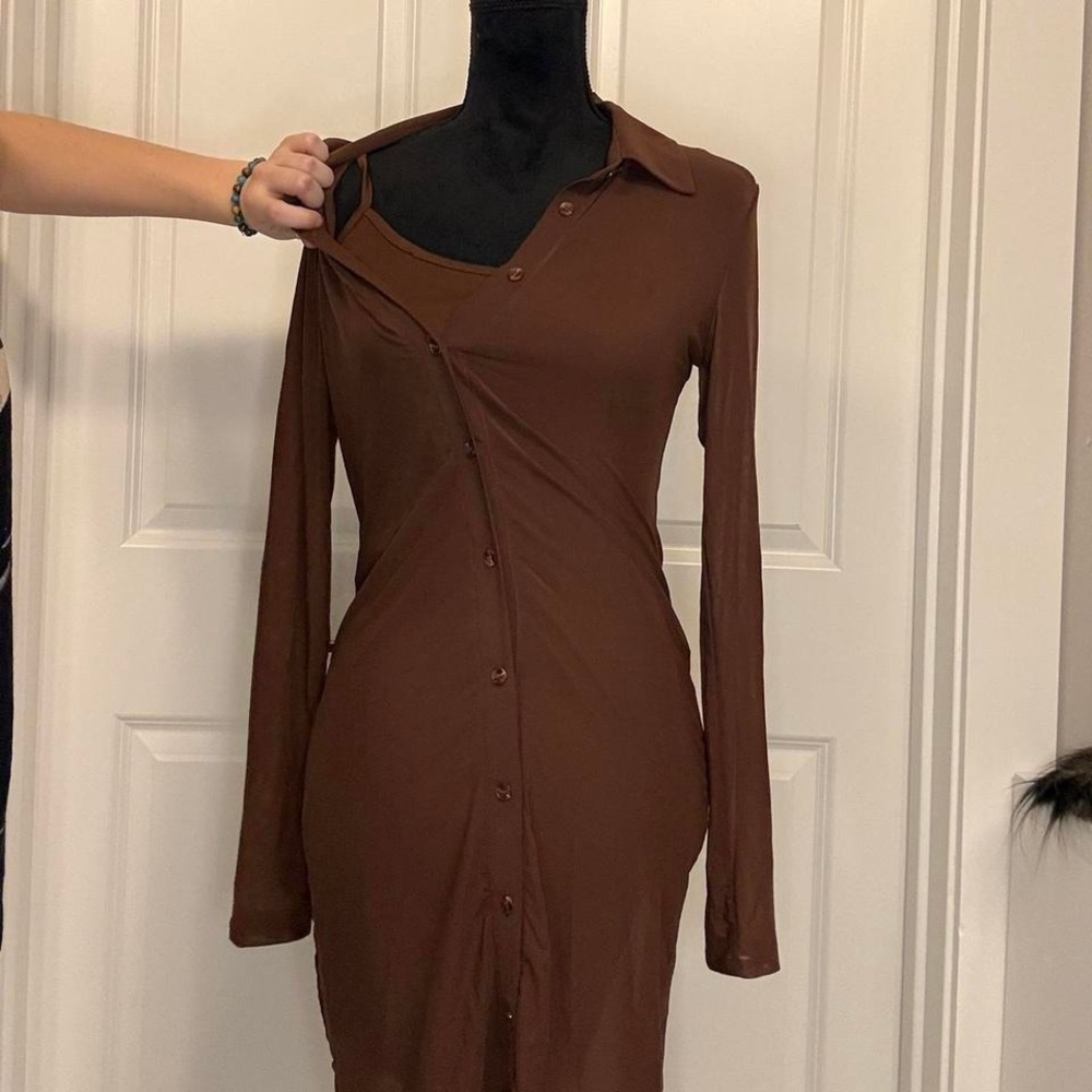 Brown Long Sleeve Mesh Mini Dress — Bodycon Button Up - Size M - Picture 4 of 5